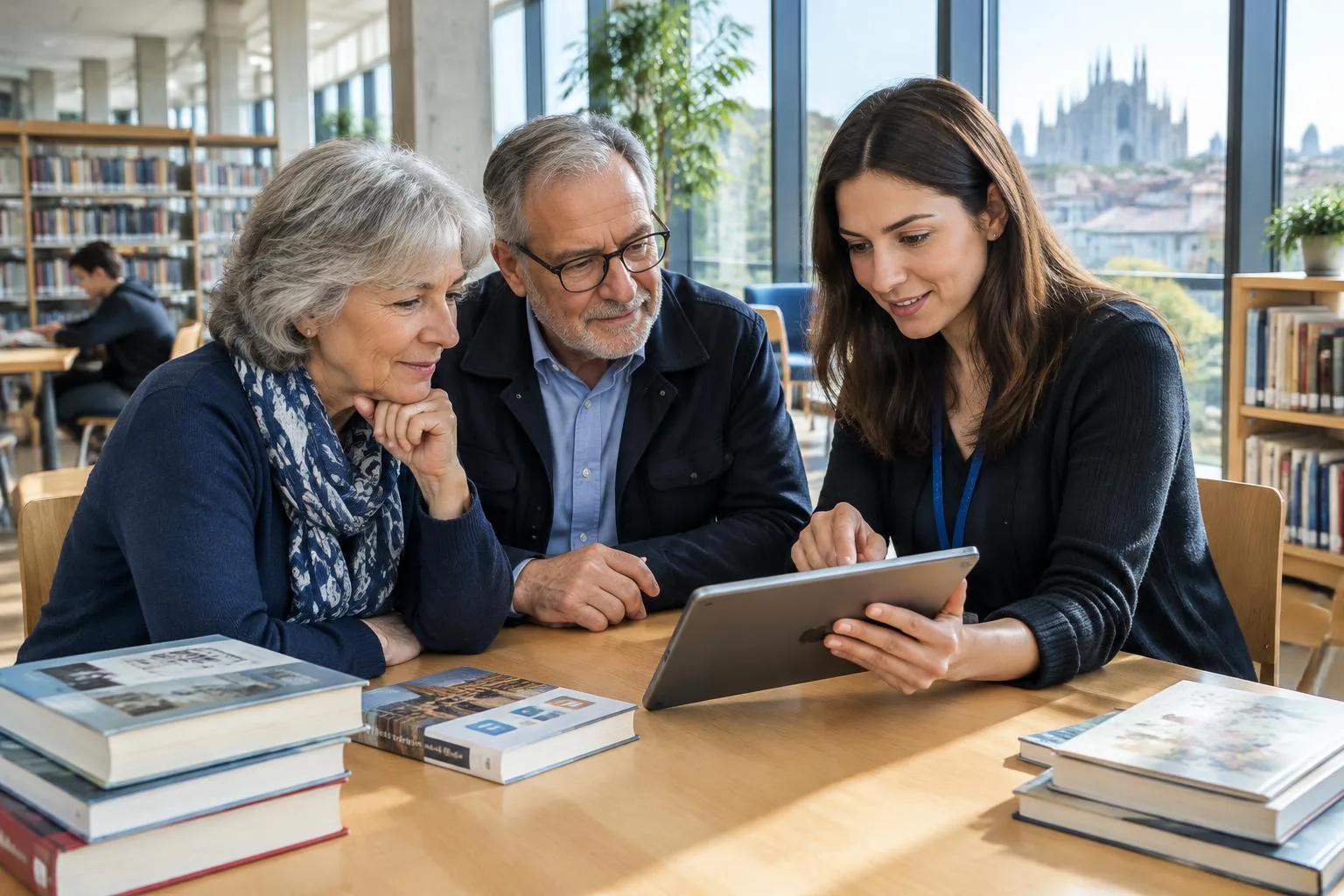Due adulti anziani scoprono un tablet insieme a una bibliotecaria