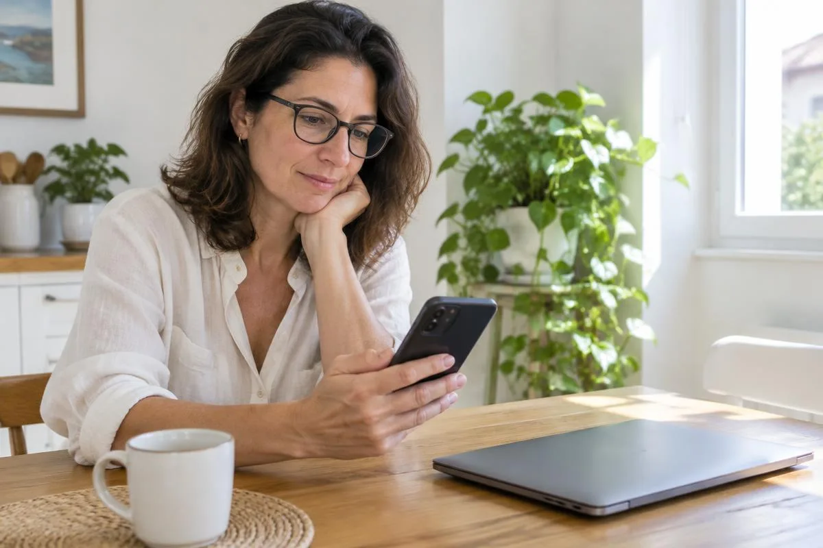 Una donna legge con attenzione sul suo smartphone
